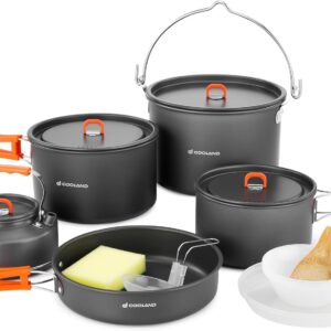Odoland 18pcs Camping Cookware Large Size Hanging Pot Pan Kettle Set with Plastic Plates Bowls Soup Spoon for Camping, Backpacking, Outdoor Cooking and Picnic
