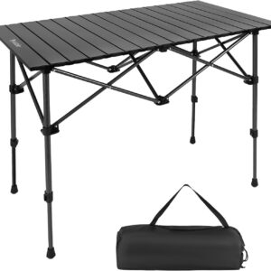 Camping Table Folding Portable Camp Aluminum Fold Up Lightweight Roll Up Table Adjustable Height with Carry Bag Indoor Outdoor for Camping, Picnic, Backyard, BBQ, Patio, Black