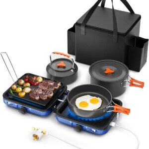 Portable 2 Burner Camping Stove Set with Cookware, Outdoor Cooking Kit Includes Outdoor Folding Gas Stove, Frying Pan, Griddle, Kettle, Pot, and Carry Bag, For Propane & Butane, 20,000 BTU/h