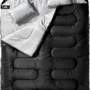 MEREZA Double Sleeping Bag for Adults Mens with Pillow, XL Queen Size Two Person Sleeping Bag for All Season Camping Hiking Backpacking 2 Person Sleeping Bags for Cold Weather & Warm
