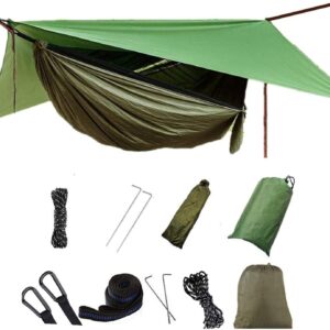 Camping Hammock with Rain Fly Tarp and Mosquito Net with Tree Straps，1/2 Person Portable Hammocks with Rain Cover for Indoor Outdoor Backpacking Hiking Travel Yard Activities Green