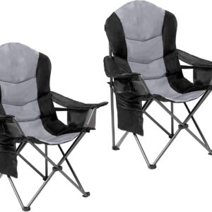 2 Pack Folding Camping Chairs for Adults - High Back Padded Outdoor Lawn Chairs with Lumbar Support & Cup Holder, 400lbs Heavy Duty Portable Camping Chairs Set (Black & Light Gray)