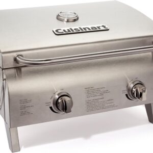 Cuisinart Chef's Style Tabletop Portable Propane Gas Grill with Dual Burners (20,000 BTUs Total), Twist-Start Ignition Stainless Steel BBQ Grill for Camping, Tailgates, BBQ, Hassle-Free Setup