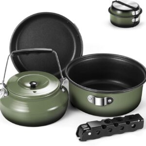 Odoland 5pcs Camping Cookware Non-Stick Camping Pot and Pan Set with Kettle and Removable Handle for Hiking Backpacking and Picnic