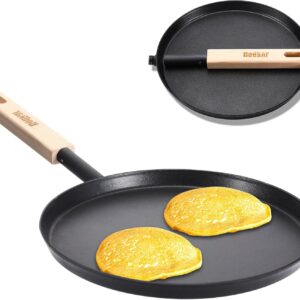Frying Pan Skillet 8-inch Flat Griddle Pan, Lightweight Small Grill Pan with Wooden Handle for Camping Indoor Outdoor Cooking