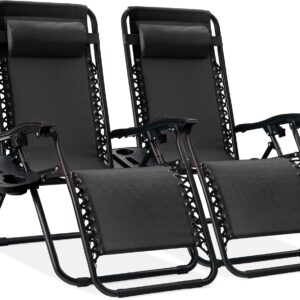 Best Choice Products Set of 2 Adjustable Steel Mesh Zero Gravity Lounge Chair Recliners w/Pillows and Cup Holder Trays - Black