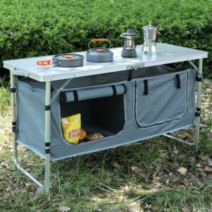 Camping Table, Folding Camping Table with Storage, Portable Kitchen Table, Lightweight, 3 Heights Adjustable Camping Furniture for BBQ, Picnic, Camping, Hiking, Beach, and Indoor