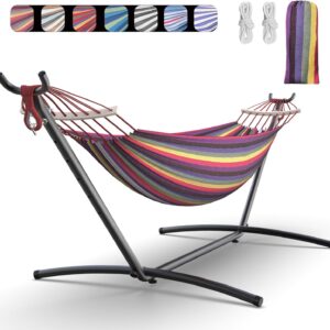 Double Hammock with Heavy-Duty Steel Stand,Portable,Easy Assembly,600lbs Weight Capacity,Perfect for Indoor,Yard,Camping,or Outdoor-Rainbow